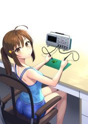 Rule 34 | 1girl, ahoge, ass, bare legs, blush, breasts, brown eyes, brown hair, chair, circuit board, commentary request, denim, denim shorts, desk, hair ornament, hairclip, highres, long hair, looking at viewer, looking back, medium breasts, original, oscilloscope, oyaji-sou, ponytail, short shorts, shorts, simple background, sitting, sleeveless, solo, table, white background