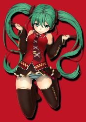 Rule 34 | 1girl, detached sleeves, food, green eyes, green hair, hatsune miku, headphones, highres, kamome yuu, long hair, matching hair/eyes, necktie, panties, pantyshot, pocky, red background, skirt, smile, solo, striped clothes, striped panties, thighhighs, twintails, underwear, upskirt, very long hair, vocaloid