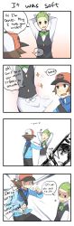 Rule 34 | 10s, 2boys, 4koma, apron, arms up, baseball cap, bow, bowtie, brown eyes, brown hair, cilan (pokemon), comic, commentary, creatures (company), english text, game freak, green eyes, green hair, hat, highres, hilbert (pokemon), left-to-right manga, long image, male focus, multiple boys, nintendo, open mouth, pokemon, pokemon bw, sexually suggestive, short hair, sparkle, sweatdrop, tall image, tears, traditional bowtie, vest, waiter, weee (raemz)