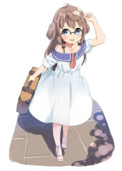 Rule 34 | 1girl, ahoge, amemiya sekira, arm up, bare shoulders, blue eyes, blush, briefcase, brown hair, collarbone, day, dress, full body, highres, holding, long hair, looking at viewer, open mouth, original, outdoors, sailor dress, sandals, sekira ame, short sleeves, simple background, smile, solo, standing, suitcase, tareme, two side up, white background, white dress