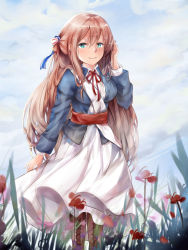 Rule 34 | 1girl, absurdres, arm up, bad id, bad pixiv id, blue eyes, blue jacket, blue sky, blush, boots, bow, breasts, brown footwear, brown hair, closed mouth, cloud, cloudy sky, collared dress, cross-laced footwear, day, dress, flower, girls&#039; frontline, hair between eyes, hair bow, highres, jacket, lace-up boots, long hair, long sleeves, looking at viewer, medium breasts, mutang, neck ribbon, outdoors, red flower, red ribbon, ribbon, sky, smile, solo, springfield (girls&#039; frontline), striped, striped bow, very long hair, white bow, white dress, wind