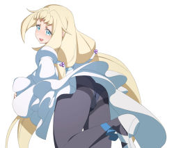 Rule 34 | 1girl, :d, ass, blonde hair, blue eyes, blue pantyhose, dress, eve (gundam build divers re:rise), female focus, gundam, gundam build divers, gundam build divers re:rise, highres, hizaura, long hair, low twintails, open mouth, pantyhose, shoes, simple background, smile, solo, twintails, upskirt, white background, white dress, white footwear