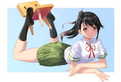 Rule 34 | 1girl, absurdres, asymmetrical hair, black hair, black socks, blue background, blush, border, breasts, brown eyes, cang se ye hua, closed mouth, collared shirt, eyelashes, feet, feet up, holding with feet, full body, green skirt, hair ornament, hairclip, highres, iwato suzume, legs, looking at viewer, lying, medium breasts, miniskirt, munakata souta, neck ribbon, no shoes, on stomach, pleated skirt, ponytail, red ribbon, ribbon, school uniform, shadow, shirt, short sleeves, single sidelock, skindentation, skirt, smell, smile, socks, soles, solo, steaming body, suzume no tojimari, swept bangs, the pose, thighs, toes, white border, white shirt, x hair ornament
