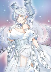 Rule 34 | 1girl, breasts, cleavage, demon girl, demon horns, dress, drill hair, duel monster, female focus, gloves, grey eyes, highres, horns, large breasts, leotard, leotard under clothes, looking at viewer, lovely labrynth of the silver castle, low wings, multiple wings, nernnernneru, pointy ears, slit pupils, smile, solo, tagme, transparent wings, white gloves, white hair, white horns, wings, yu-gi-oh!