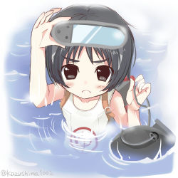 Rule 34 | 10s, 1girl, backpack, bad id, bad pixiv id, bag, bare shoulders, black eyes, black hair, diving mask, diving mask on head, frown, goggles, goggles around neck, goggles on head, hand on goggles, kantai collection, kazushima, looking at viewer, maru-yu (kancolle), one-piece swimsuit, partially submerged, school swimsuit, short hair, swimsuit, twitter username, white school swimsuit, white one-piece swimsuit