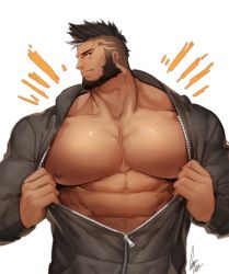 Rule 34 | 1boy, abs, alternate costume, bandaid, bandaid on cheek, bandaid on face, bara, bare pectorals, beard, black hair, bursting pectorals, casual, cyphers, damian doyle (cyphers), dark-skinned male, dark skin, facial hair, gomtang, grey jacket, hood, hooded jacket, jacket, large pectorals, looking at viewer, male focus, mature male, mohawk, muscular, muscular male, nipples, open clothes, open jacket, partially unzipped, pectoral focus, pectorals, profile, short hair, smile, solo, track jacket, upper body