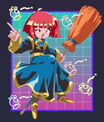 Rule 34 | 1990s (style), 1girl, absurdres, blue dress, blue robe, broom, candy, cotton (character), cotton (game), dress, gold bracelet, gold footwear, highres, holding, holding broom, medium hair, one eye closed, pointing, pointy footwear, potiri02, retro artstyle, robe, witch, wrapped candy