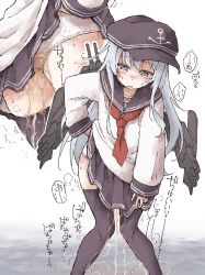 Rule 34 | 1girl, anchor symbol, black headwear, black sailor collar, black skirt, black thighhighs, blue eyes, blush, breath, close-up, clothes lift, collarbone, embarrassed, female focus, flat chest, from behind, half-closed eyes, hat, hibiki (kancolle), highres, japanese text, kantai collection, knees together feet apart, koorimizu, lifted by self, long hair, long sleeves, miniskirt, multiple views, necktie, nose blush, open mouth, outline, panties, pee, peeing, peeing self, pleated skirt, puddle, red neckwear, sailor collar, school uniform, serafuku, shirt, silver hair, simple background, skirt, skirt lift, speech bubble, standing, steam, sweat, thighhighs, translation request, underwear, wet, wet clothes, wet panties, white background, white outline, white panties, white shirt