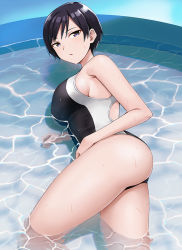 Rule 34 | 1girl, black hair, blue eyes, breasts, competition swimsuit, hashi, large breasts, lying, on side, one-piece swimsuit, original, partially submerged, pool, short hair, solo, swimsuit, thighs, water, wet