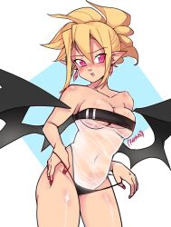 Rule 34 | 1girl, black wings, blonde hair, blush, breasts, collarbone, commentary, covered navel, crystal earrings, disgaea, earrings, english commentary, gris swimsuit, hair between eyes, hand on own hip, highres, jewelry, large breasts, makai senki disgaea 2, meme attire, nail polish, pink eyes, pointy ears, ponytail, puffphox, red nails, rozalin, see-through swimsuit, signature, slit pupils, solo, strapless, strapless one-piece swimsuit, swimsuit, wings