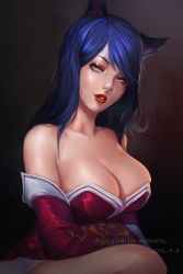 Rule 34 | 10s, 1girl, 2016, absurdres, ahri (league of legends), animal ears, artist name, bare shoulders, blue hair, breasts, collarbone, cowboy shot, dated, detached sleeves, fox ears, highres, korean clothes, large breasts, league of legends, lips, lipstick, long hair, looking at viewer, makeup, nose, parted lips, red lips, solo, wumumu, yellow eyes