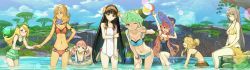 Rule 34 | 6+girls, :d, ;), ;d, arm up, armlet, atelier (series), atelier shallie, ball, bangle, beachball, bikini, black hair, black one-piece swimsuit, blonde hair, blue bikini, blush, bow, bracelet, breasts, brown eyes, brown hair, cleavage, closed eyes, cloud, collarbone, covered navel, day, escha malier, female focus, fingernails, frilled swimsuit, frills, from side, game cg, glasses, goggles, goggles on head, green eyes, green hair, green one-piece swimsuit, hair bow, hair ornament, hairband, hand on headwear, hand on own thigh, hand on thigh, hat, headwear request, hidari (left side), highres, holding hands, innertube, jewelry, jurie crotze, katla larchica, leaning forward, lens flare, linca (atelier), long hair, looking at another, looking at viewer, medium breasts, miruca crotze, multiple girls, navel, nose blush, o-ring, o-ring bikini, official art, one-piece swimsuit, one eye closed, open mouth, outdoors, pink hair, polka dot, polka dot bikini, polka dot swimsuit, profile, purple eyes, scrunchie, semi-rimless eyewear, shallistera (atelier), shallotte elminus, short hair, sidelocks, sideways mouth, sitting, small breasts, smile, soaking feet, standing, star (symbol), swim ring, swimsuit, tree, twintails, under-rim eyewear, very long hair, w, wading, water, wavy mouth, white one-piece swimsuit, wilbell voll-ersleid, witch hat, wristband, yellow bikini