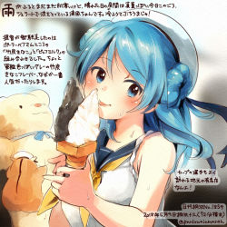 Rule 34 | 1girl, admiral (kancolle), animal, blue eyes, blue hair, blue sailor collar, colored pencil (medium), commentary request, dated, double bun, food, hair bun, hamster, hat, holding, holding food, ice cream, kantai collection, kirisawa juuzou, long hair, neckerchief, non-human admiral (kancolle), numbered, sailor collar, sailor hat, school uniform, serafuku, smile, tongue, tongue out, traditional media, translation request, twitter username, urakaze (kancolle), white hat, yellow neckerchief