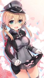 Rule 34 | 10s, 1girl, :d, anchor hair ornament, aqua eyes, bankoku ayuya, black skirt, blonde hair, blush, breasts, cherry blossoms, circle name, clothes lift, cross, floral background, gloves, hair ornament, hat, iron cross, kantai collection, large breasts, long hair, long sleeves, looking at viewer, low twintails, military, military hat, military uniform, open mouth, peaked cap, petals, pleated skirt, prinz eugen (kancolle), skirt, skirt basket, skirt lift, smile, solo, thighhighs, twintails, uniform, white gloves, zettai ryouiki