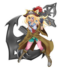 Rule 34 | 1girl, :d, anchor, animal ears, ascot, biburu, blonde hair, boots, cat ears, eyepatch, fangs, fish bone, full body, garter straps, gloves, hand up, hat, hat feather, highres, jacket, jacket off shoulders, knee boots, legs apart, long hair, looking at viewer, off shoulder, one eye covered, open clothes, open jacket, open mouth, original, pink thighhighs, pirate, pirate hat, shirt, simple background, skirt, sleeveless, sleeveless shirt, smile, solo, standing, swimsuit, swimsuit under clothes, tattoo, thighhighs, white background, yellow eyes