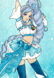 Rule 34 | 00s, 1girl, aono miki, blue background, blue hair, blue skirt, blue theme, blue thighhighs, boots, choker, cure berry, drill hair, earrings, eyelashes, fresh precure!, frilled skirt, frills, hair ornament, hairband, happy, heart, heart hair ornament, jewelry, knee boots, lipstick, long hair, looking at viewer, magical girl, makeup, midriff, navel, ponytail, precure, purple eyes, ribbon, sayococco, shirt, side ponytail, skirt, smile, solo, standing, thighhighs, thighs, very long hair, wrist cuffs, zettai ryouiki