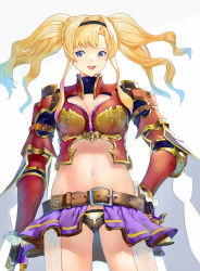 Rule 34 | 1girl, absurdres, armor, bad id, bad pixiv id, blonde hair, blue eyes, bouzuuuuu, braid, breastplate, breasts, cleavage, granblue fantasy, hair intakes, hair ornament, hairband, highres, large breasts, long hair, looking at viewer, muneate, navel, smile, solo, thighhighs, twintails, zeta (granblue fantasy)