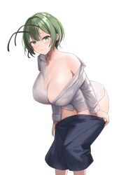 Rule 34 | 1girl, absurdres, adda, alternate breast size, antennae, bare shoulders, black skirt, blush, breasts, cleavage, clothes pull, green eyes, green hair, highres, large breasts, looking at viewer, off shoulder, pulling own clothes, see-through, see-through shirt, shirt, short hair, skirt, skirt pull, smile, solo, standing, thighs, touhou, white shirt, wriggle nightbug