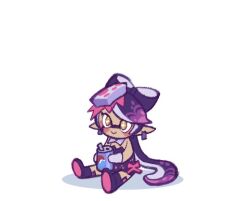 Rule 34 | + +, 1girl, :&gt;, black footwear, black hair, blush stickers, boots, bow-shaped hair, callie (splatoon), chibi, commentary, detached collar, drink, earrings, english commentary, food, food on head, gloves, gradient hair, hoaxghost, holding, holding drink, inkling, jewelry, knee boots, long hair, lowres, mole, mole under eye, multicolored hair, nintendo, object on head, pepsi, pointy ears, short jumpsuit, sitting, smile, solo, splatoon (series), sushi, tentacle hair, white background, white gloves, yellow eyes
