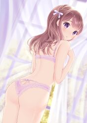 Rule 34 | 1girl, back, blush, bra, braid, breasts, brown hair, bush, cowboy shot, curtain grab, curtains, dated commentary, day, highres, indoors, lace, lace bra, lace panties, long hair, looking at viewer, looking back, original, osumi izumi, panties, parted lips, pink bra, pink panties, plant, purple eyes, signature, small breasts, solo, sunlight, thighs, underwear, underwear only, window