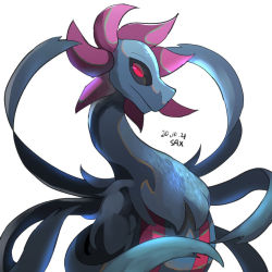 Rule 34 | animal focus, artist name, black sclera, closed mouth, colored sclera, creatures (company), dated, dragon, from side, game freak, gen 5 pokemon, hydreigon, looking at viewer, nintendo, no humans, pokemon, pokemon (creature), red eyes, sax (sax e), signature, simple background, solo, upper body, white background