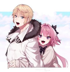 Rule 34 | 2boys, :d, alternate costume, astolfo (fate), black bow, black bowtie, blonde hair, blue eyes, bow, bowtie, breast pocket, brown sweater, cloud, coat, fang, fate (series), fur-trimmed coat, fur trim, hair bow, hair intakes, heart, highres, hug, hug from behind, long hair, looking at viewer, male focus, multiple boys, not anpn, open mouth, pink hair, pocket, purple eyes, roland (fate), short hair with long locks, skin fang, smile, sweater, trap, upper body, white coat