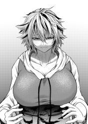 Rule 34 | 1girl, animal print, breasts, cleavage, closed mouth, collarbone, commentary request, gradient background, greyscale, hair between eyes, huge breasts, koyubi (littlefinger1988), looking down, monochrome, multicolored hair, neck ribbon, o-ring, short hair, simple background, sleeves past elbows, smile, solo, streaked hair, tiger print, toramaru shou, touhou, undone neck ribbon, undone neckwear, untying, upper body, wide sleeves