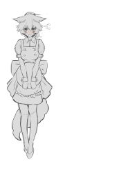 Rule 34 | 1girl, absurdres, animal ear fluff, animal ears, apron, blush, collared shirt, commentary request, flying sweatdrops, frilled apron, frills, full body, greyscale, hair between eyes, highres, holding, holding tray, looking at viewer, monochrome, nose blush, original, pleated skirt, ponytail, puffy short sleeves, puffy sleeves, shirt, shoes, short sleeves, simple background, skirt, solo, standing, tail, tray, waitress, white background, wrist cuffs, yuuji (yukimimi)