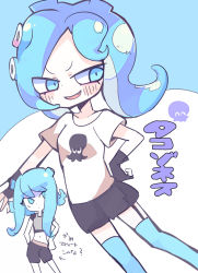 Rule 34 | 2girls, black shorts, blue background, blue eyes, blue hair, blue thighhighs, blush, hand on own hip, long hair, looking at another, medium hair, multiple girls, navel, nintendo, octoling, octoling girl, octoling player character, one eye covered, open mouth, shirt, shorts, simple background, smile, splatoon (series), splatoon 2, splatoon 2: octo expansion, tentacle hair, terada tera, thighhighs, white background, white shirt