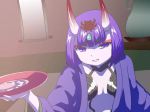 Rule 34 | 1girl, alcohol, animated, barefoot, bob cut, breasts, cup, fangs, fate/grand order, fate (series), feet, female focus, holding, horns, japanese clothes, jewelry, jun (kiba feti), kneeling, licking, long sleeves, looking at viewer, oni, open clothes, pale skin, purple eyes, purple hair, revealing clothes, sakazuki, sake, shuten douji (fate), skin-covered horns, small breasts, solo, teeth, toes, tongue, tongue out, video