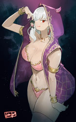 Rule 34 | 1boy, 1girl, absurdres, armlet, bare shoulders, bikini, black hair, blush, box, bracelet, breasts, chibi, chocolate heaven (fate/grand order), cleavage, cloak, closed mouth, collarbone, earrings, fate/grand order, fate (series), flying sweatdrops, fujimaru ritsuka (male), fujimaru ritsuka (male) (polar chaldea uniform), gift, gift box, hair ribbon, heart-shaped box, highres, hood, hood up, hooded cloak, horned hood, horns, jewelry, kama (chocolate heaven) (fate), kama (fate), large breasts, licking lips, long hair, looking at viewer, navel, necklace, pink bikini, pink ribbon, polar chaldea uniform, red eyes, ribbon, ring, sen-jou, short hair, silver hair, size difference, smile, space, spiked hair, star (sky), swimsuit, thighhighs, thighs, tongue, tongue out, white thighhighs