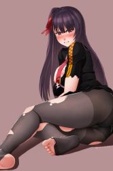 Rule 34 | 1girl, angry, arm support, ass, black jacket, black skirt, blush, breast hold, breasts, embarrassed, feet, finalcake, girls&#039; frontline, hair ribbon, half updo, jacket, large breasts, long hair, looking at viewer, necktie, nipples, no shoes, panties, panties under pantyhose, pantyhose, red necktie, red ribbon, ribbon, shirt, skirt, soles, solo, tears, thighs, toeless legwear, toes, torn clothes, torn jacket, torn pantyhose, torn ribbon, torn shirt, underwear, wa2000 (girls&#039; frontline), white shirt