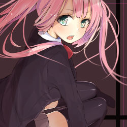 Rule 34 | 1girl, black background, black thighhighs, kojiki-life, long hair, looking back, lowres, open mouth, original, pink hair, solo, thighhighs