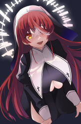 Rule 34 | 1girl, alternate costume, black dress, blush, breasts, cleavage cutout, clothing cutout, dress, glowing, glowing halo, habit, hair between eyes, hair over one eye, halo, highres, hololive, houshou marine, large breasts, long hair, looking at viewer, multicolored hair, nun, open mouth, orange eyes, red hair, samyu nase, shiny skin, side slit, skindentation, smile, solo, streaked hair, two-tone hair, upper body, very long hair, virtual youtuber, white hair