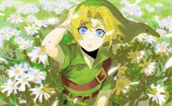Rule 34 | 1boy, belt, blonde hair, blue eyes, daisy, dele14375735, falling petals, field, flower, flower field, green hat, green tunic, hand on own head, hat, highres, link, looking at viewer, nintendo, outdoors, parted bangs, petals, pointy ears, short hair, short sleeves, shoulder belt, the legend of zelda, the legend of zelda: ocarina of time, upper body, white flower, wide-eyed
