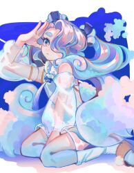 Rule 34 | 1girl, chene 1217, cloud, creatures (company), detached sleeves, double bun, eyelashes, eyeshadow, flying miku (project voltage), game freak, hair bun, hair over one eye, hatsune miku, highres, long hair, looking at viewer, makeup, multicolored eyes, multicolored hair, nintendo, pokemon, project voltage, see-through, see-through shorts, see-through sleeves, sitting, twintails, vocaloid, wind chime