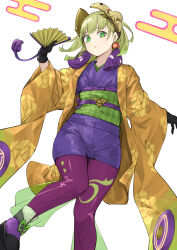 Rule 34 | 1other, absurdres, androgynous, duel monster, ear ornament, earrings, fake horns, gloves, green eyes, green hair, hand fan, highres, holding, horns, japanese clothes, jewelry, kimono, long sleeves, looking at viewer, meshida (lux-far-accelerator), noh-p.u.n.k. ze amin, pantyhose, purple pantyhose, solo, very long sleeves, yu-gi-oh!