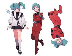 Rule 34 | 1girl, alternate costume, aqua hair, blue eyes, boots, braid, char&#039;s counterattack, gloves, gundam, long hair, mary janes, military, military uniform, multiple persona, pilot suit, quess paraya, sakanaokashi, shoes, skirt, smile, spacesuit, twintails, uneven twintails, uniform
