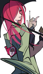 Rule 34 | 1girl, armband, cxdotchison, hair over one eye, highres, holding, holding umbrella, long hair, looking at viewer, looking back, military, military uniform, off shoulder, parasoul (skullgirls), red eyes, red hair, skullgirls, solo, umbrella, uniform, upper body, walkie-talkie, white background