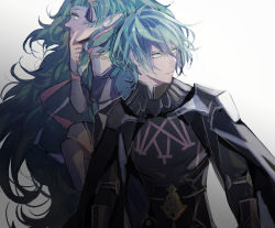 Rule 34 | 1boy, 1girl, armor, black gloves, braid, byleth (fire emblem), byleth (male) (fire emblem), closed mouth, dagger, fire emblem, fire emblem: three houses, floating, from side, gloves, green eyes, green hair, hair ornament, hand up, knife, long hair, nintendo, pointy ears, ribbon braid, short hair, simple background, sothis (fire emblem), sword, tiara, tsukimura noe, twin braids, upper body, weapon, white background