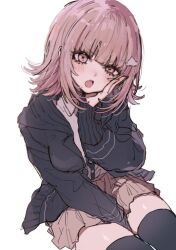 Rule 34 | 1girl, :o, between legs, black jacket, black thighhighs, breasts, brown skirt, danganronpa (series), danganronpa 2: goodbye despair, hand between legs, hand on own cheek, hand on own face, hand up, jacket, large breasts, medium hair, miniskirt, nanami chiaki, open clothes, open jacket, open mouth, pink eyes, pleated skirt, ru-pe (gstm 0915), shiny skin, shirt tucked in, simple background, skirt, solo, spaceship hair ornament, thighhighs, white background
