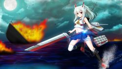 Rule 34 | 1girl, afloat, ayanami (azur lane), azur lane, cloud, cloudy sky, commentary request, fire, full moon, headgear, holding, horizon, insider (pix insider), long hair, looking at viewer, machinery, moon, navel, night, night sky, ocean, pleated skirt, ponytail, red eyes, school uniform, searchlight, serafuku, silver hair, sinking, skirt, sky, solo, sword, turret, weapon