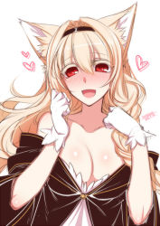 Rule 34 | 1girl, :d, animal ears, blonde hair, blush, breasts, cleavage, dated, fox ears, gloves, hair between eyes, hair intakes, hairband, hands up, heart, konshin, large breasts, looking at viewer, open mouth, original, red eyes, signature, simple background, smile, solo, upper body, white background, white gloves