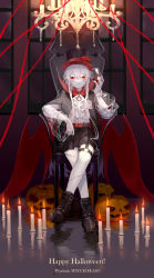 Rule 34 | 1girl, absurdres, alcohol, arknights, ascot, boots, bow, bowtie, candle, cape, closed mouth, crossed legs, cup, drinking glass, halloween, hat, highres, id card, jack-o&#039;-lantern, long hair, miike (992058), official alternate costume, pale skin, pointy ears, red eyes, shorts, sitting, solo, thigh strap, top hat, vampire, warfarin (arknights), warfarin (the feast) (arknights), white hair, wine, wine glass