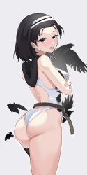 Rule 34 | 1girl, absurdres, animal print, ass, bare shoulders, belt, bird, bird print, black bird, black eyes, black hair, blush, crossed arms, crow, eyelashes, feathers, forehead, from behind, grey background, highres, hood, hood down, johwa (1n33dyour1ov3), kazama jun, korean commentary, leotard, looking back, medium hair, namco, open mouth, single thighhigh, solo, teeth, tekken, tekken 2, tekken tag tournament 2, thighhighs, thighs, tongue, tongue out, upper teeth only, white leotard
