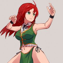Rule 34 | 1girl, ahoge, armpits, black ribbon, braid, breasts, bright pupils, closed mouth, commentary, cowboy shot, fighting stance, green eyes, green vest, grey background, highres, hong meiling, large breasts, long hair, looking afar, nail polish, navel, neck ribbon, no headwear, pelvic curtain, pink nails, red hair, ribbon, shirt, simple background, sleeveless, sleeveless shirt, smile, solo, touhou, twin braids, vest, white pupils, white shirt, yan pai
