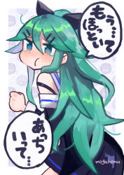 Rule 34 | 1girl, artist name, blue eyes, clenched hands, crying, crying with eyes open, from behind, green hair, hair ornament, hair ribbon, hairclip, kantai collection, long hair, mogamiya honu, pout, ribbon, solo, tears, translation request, yamakaze (kancolle)