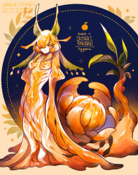 1girl absurdly_long_hair blue_background breasts bright_pupils colored_eyelashes colored_skin commentary_request food fruit full_body hair_over_one_eye highres hogara long_hair looking_at_viewer medium_breasts monster_girl orange_(fruit) orange_eyes orange_hair orange_skin original plant_girl snail_girl solo very_long_hair