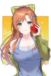 Rule 34 | 1girl, absurdres, apple, arm behind back, blue shirt, bow, breasts, brown hair, cleavage, closed mouth, collarbone, food, fruit, green bow, green eyes, hair bow, hair intakes, hair ornament, hairclip, halterneck, highres, holding, holding food, holding fruit, long hair, looking at viewer, medium breasts, original, plaid, plaid bow, red apple, shirt, sleeveless, sleeveless shirt, smile, solo, takeko spla