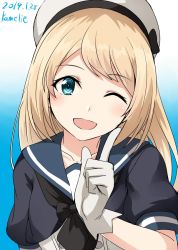 Rule 34 | 1girl, blonde hair, blue background, blue eyes, blue sailor collar, commentary request, dated, dress, gloves, gradient background, hat, highres, index finger raised, jervis (kancolle), kamelie, kantai collection, long hair, looking at viewer, one-hour drawing challenge, one eye closed, open mouth, sailor collar, sailor dress, sailor hat, solo, twitter username, upper body, white background, white dress, white gloves, white hat
